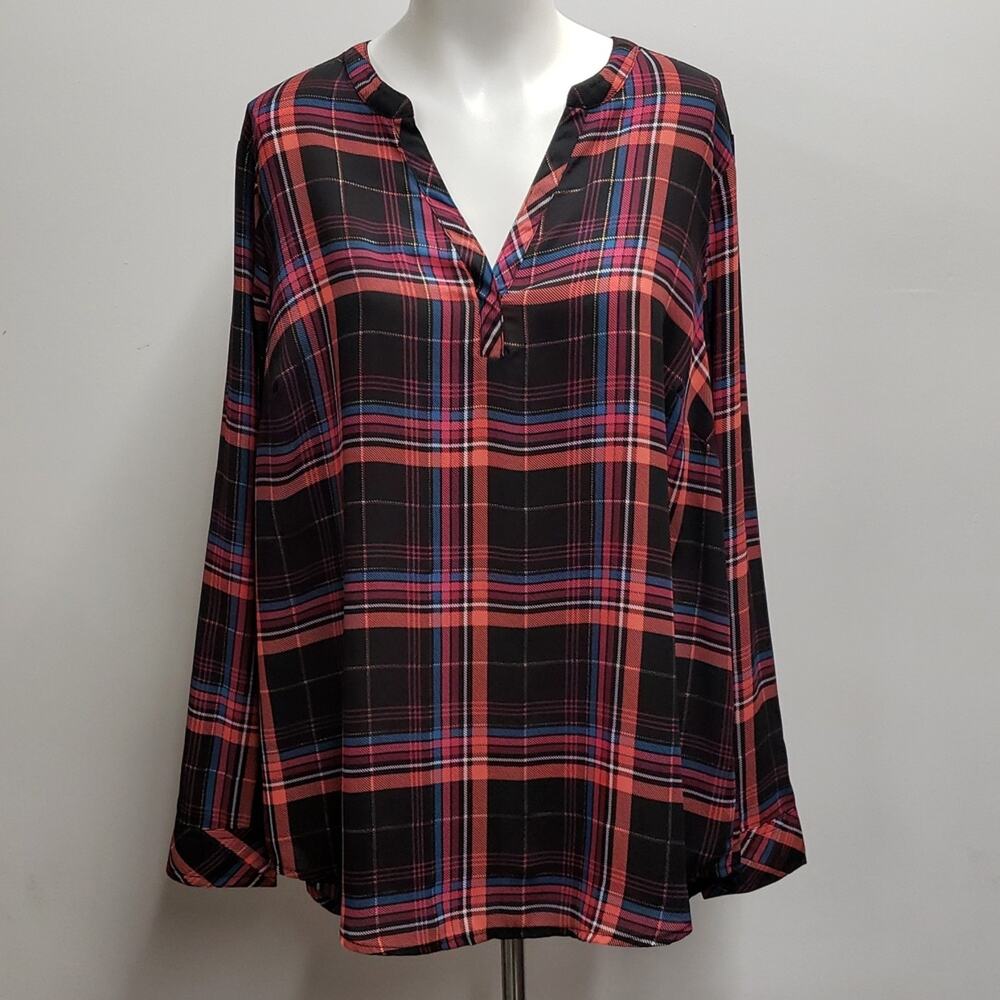 Torrid Georgette Plaid Foil Black Blouse Long Sleeve Women's 2X